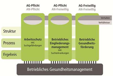 Drei Säulen eines Betrieblichen Gesundheitsmanagements. Quelle: Giesert, Reiter, Reuter 2013