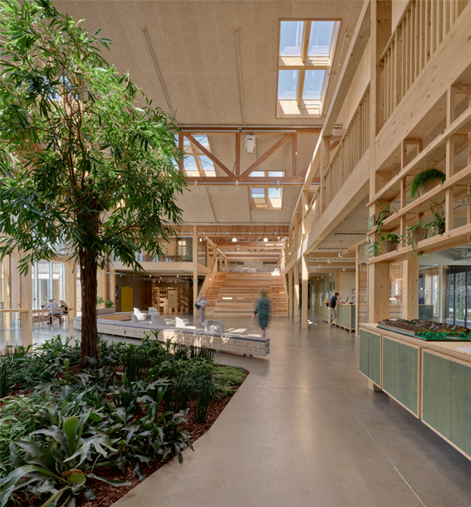 Frische Luft und Tageslicht strömen optimal durch das Gebäude und schaffen ein Raumklima, das ideale Bedingungen für komfortables und gesundes Arbeiten bietet. Die Natur ist ein Schlüsselelement bei der Innengestaltung des Gebäudes. &copy; Adam Mork 