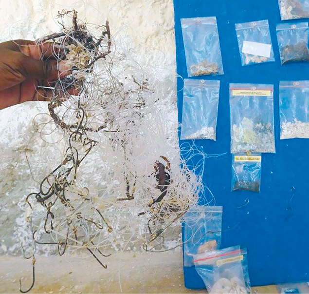 Tödliche Haken und Netze sowie gesammelte Plastikteile in Tüten, die in den Meeresschildkrötenmägen gefunden wurden. © Local Ocean Conservation