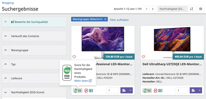 Die Lösung für nachhaltigen Einkauf: In Online-Shops und Procurement- Systemen können Produkte mit Hilfe des ESG-Score nach Nachhaltigkeit sortiert werden. &copy; esg-score.org