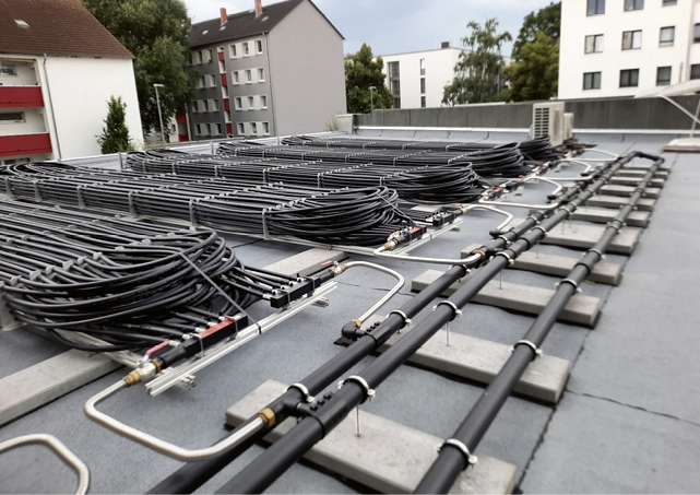 Fassadensanierung mit aktivierten Paneelen (l.), unterstützende Dachkollektoren (r.)