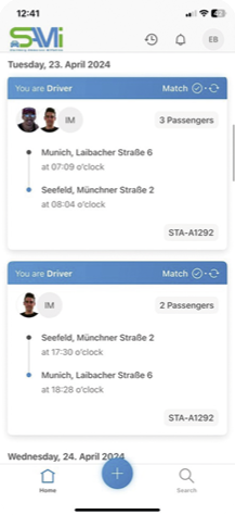Beispiel der Mitfahr-App „Starnberg-Ammersee- Mitfahren SAMi): Match einer Fahrerin mit 3 Interessenten für die Fahrt zur Arbeit und 2 Mitfahrenden für den Rückweg