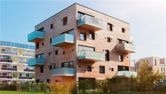 Blickfang in Hamburg-Wilhelmsburg: der Woodcube. © DeepGreen Development