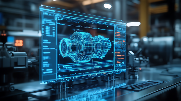 Ein Computerbildschirm, auf dem ein KI-basiertes 3D-Modell eines Maschinenteils in einer Fabrikumgebung angezeigt wird. &copy; Raitalinn Adobe Stock