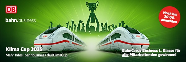 bahn.business | Klima Cup 2025. BahnCards Businee 1. Klasse für alle Mitarbeitenden gewinnen! Noch bis 30.06. anmelden