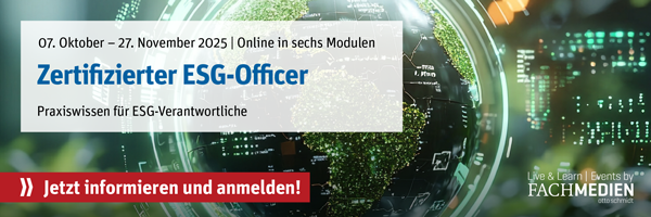 Zertifizierter ESG-Officer. Praxiswissen für ESG-Verantwortliche. 07. Oktober - 27. November 2025 | Online in sechs Modulen. Jetzt informieren und anmelden!