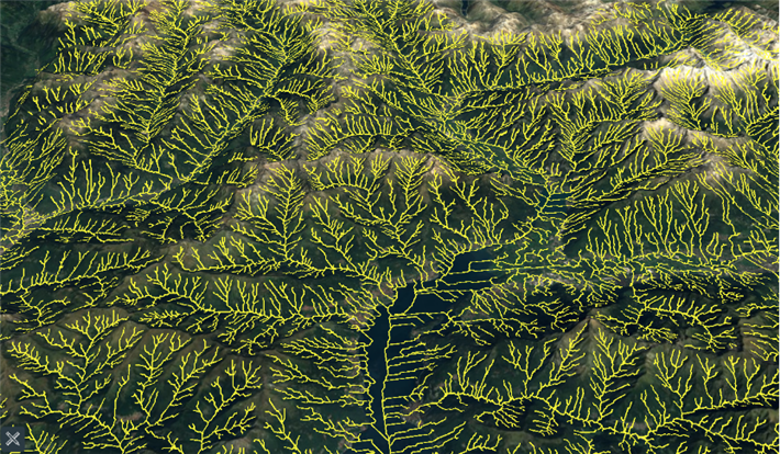 Eine 3D-Visualierung des Flussnetzes in einem Tal um den Comer See. © Sami Domisch/IGB
