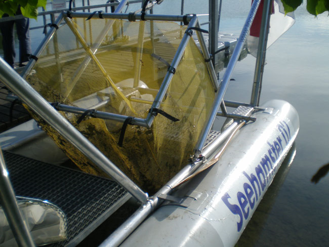 'Seehamster', kleine Katamarane von etwa 4 Metern Länge, übernehmen die Reinigung von Binnengewässern. Der Müll wird dabei in Netzkörben gesammelt, die unter dem Schiff angebracht sind. Foto: One Earth - One Ocean e.V.