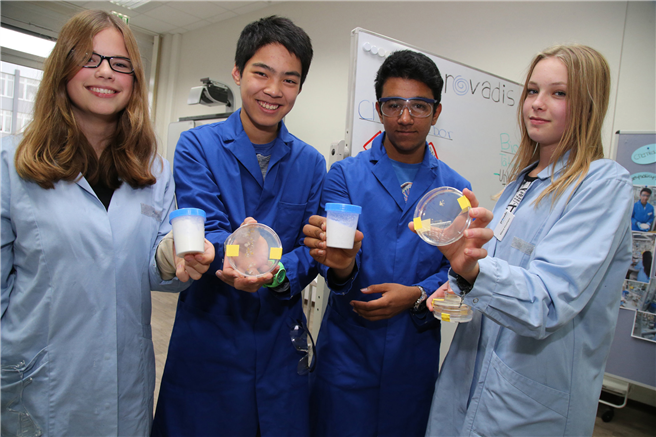 Die 14jährigen Schüler Nathalie, Felix, Robin und Milena (v.li.) haben während des Bayer-Gesundheitscamps den Wirkstoff von Aspirin hergestellt und Hygiene-Tests durchgeführt. © Bayer AG