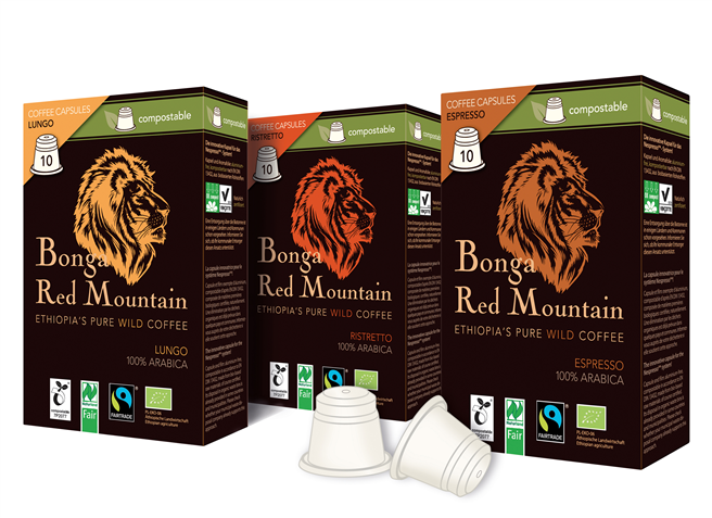 Bonga Red Mountain: Premium-Wildkaffee verpackt in der ersten zertifizierten, kompostierbaren Kaffeekapsel. Erhältlich im Bio-Fachhandel in den Sorten Lungo, Ristretto und Espresso. Foto: Original Food