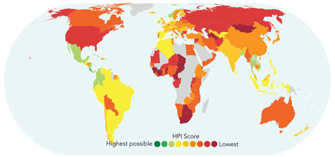 Abb.1: Weltweite Verteilung des Happy Planet Index (Quelle: happyplanetindex.org)