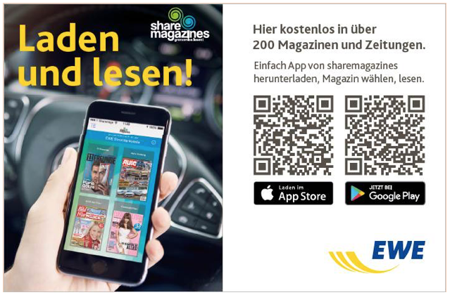 Ab sofort ist der digitale Lesezirkel von sharemagazines an allen teilnehmenden EWE-Ladesäulen verfügbar. © sharemagazines GmbH