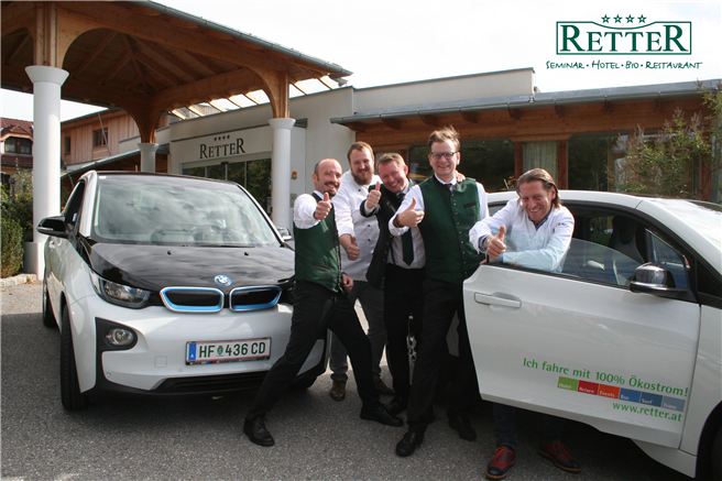 Fünf Gastro-Führungskräfte fahren ab s/ofort mit BMW i 3 mit 100% Ökostrom zur Arbeit. © Retter, Seminar Hotel Bio Restaurant