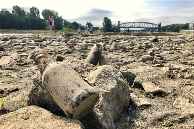 Ausgetrocknet: Flussbett der Elbe in Magdeburg am 8. Juli 2018. © Marco Kaschuba