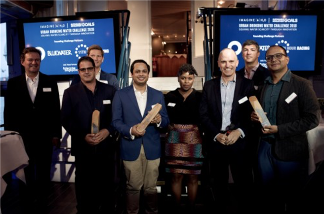 Three start-up up companies from the USA, India and Bangladesh received their recognition as joint winners of the 2018 Imagine H2O Urban Drinking Water Challenge at a ceremony in Stockholm, Sweden. © Bluewater
