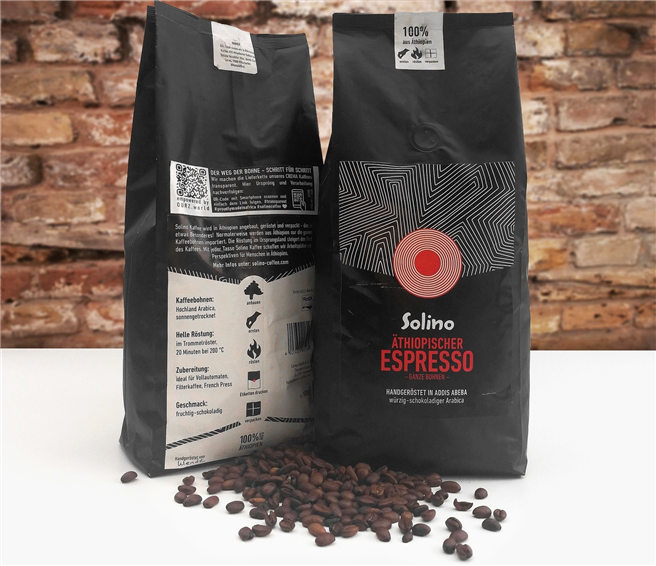 Der Solino-Kaffee mit dem QR-Code von OURZ wird ab Ende November im Einzelhandel verfügbar sein. © OURZ