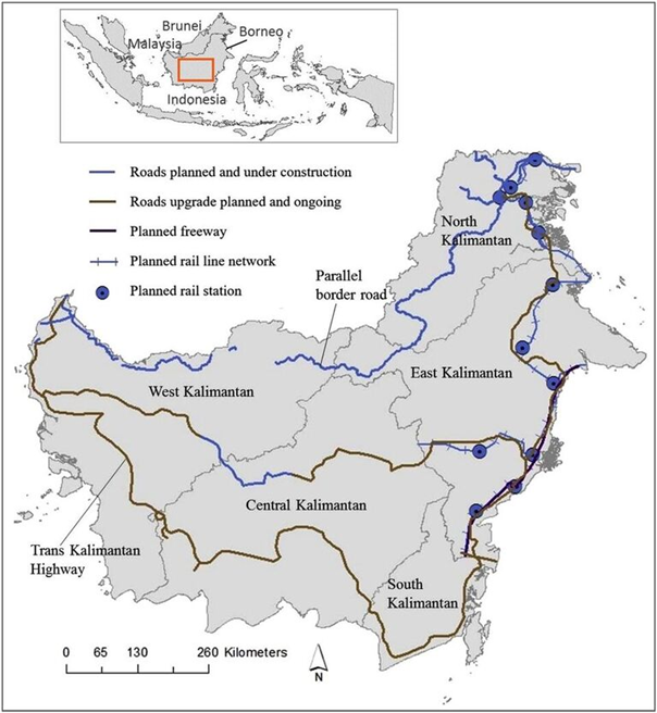 Road and railway projects that are imminently planned or under construction in Indonesian Borneo.