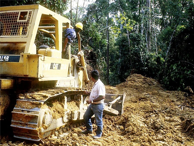 A bulldozer clearing a road through rainforest in central Borneo © William Laurance