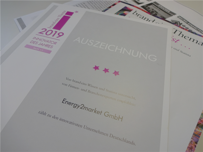 e2m ist laut einer Umfrage des Wirtschaftsmagazins brand eins der innovativsten Energie-unternehmen Deutschlands. © Energy2market GmbH