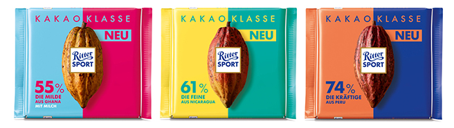 Jede Sorte enthält Kakao aus jeweils nur einem Herkunftsland: Ghana, Nicaragua und Peru. © Alfred Ritter GmbH & Co. KG