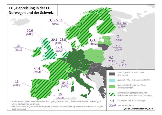 CO2-Bepreisung in der EU, Norwegen und der Schweiz. © Germanwatch e.V.