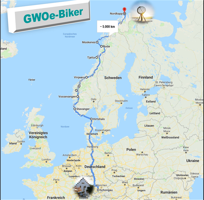 Als GWOe-Biker fährt Ralf A. Schnabel ab 25. Juli die 5.000km zum Nordkap mit dem Ziel jeden Kilometer mit € 1,- für das Gemeinwohl finanziert zu bekommen. © Schnabel