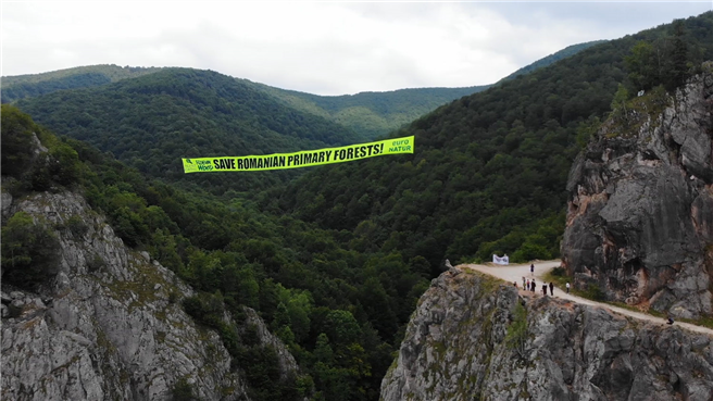 Das Protest-Banner flattert über einem 200 Meter breiten Taleinschnitt im rumänischen Domogled Valea Cernei Nationalpark. © AgentGreen/ROBIN WOOD
