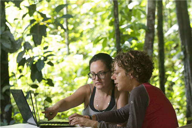  Katrin Fleischer, Forscherin an der TUM, und Sabrina Garcia vom Instituto Nacional de Pesquisas da Amazônia bei der Arbeit im brasilianischen Regenwald. © AmazonFACE