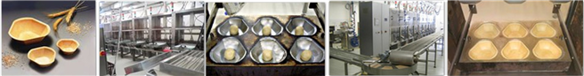 Einblick in die Produktion: geformte Teigknödel in der Backplatte und fertig gebackene Füllett zur Verwendung z. B. als Suppenschale. © Füllett