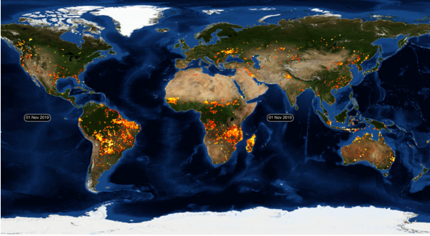Visualisierung der CAMS-Daten zu globalen Bränden im Jahr 2019. © ECMWF Copernicus Atmosphere Monitoring Service (CAMS)
