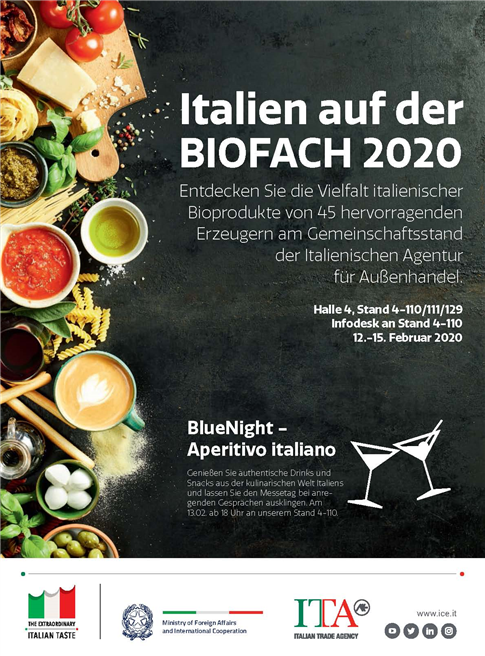 Hier finden Sie die Italienische Agentur für Außenhandel (ICE) auf der Biofach 2020: 12.-15. Februar Halle 4, Stand 4-110/111/129