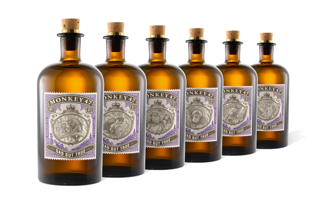 Die sechs Monkey 47 Jubiläumsflaschen. © Pernod-Ricard
