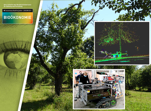 Ein intelligenter Roboter hilft beim Erhalt von Streuobstwiesen. Die Universität Hohenheim entwickelt einen autonomen Roboter, der beim Schnitt von Obstbäumen helfen soll, damit diese gesund alt werden. | Bildquelle: Obstwiese: Universität Hohen-heim / Dorothea Elsner, 3D-Scan: Universität Hohenheim, Roboter: Universität Hohenheim / Emilie Jung / Key visual: Potente/unger+