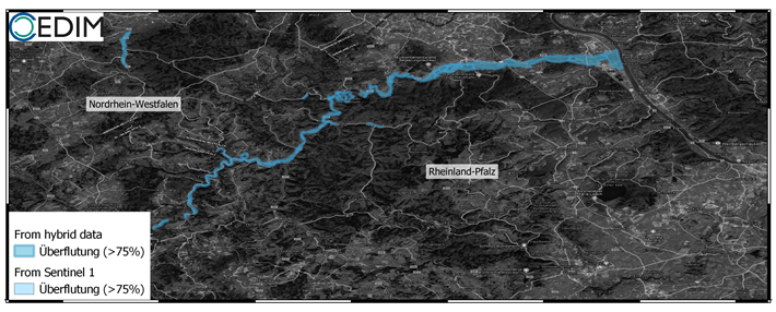 Abschätzung der überfluteten Fläche (> 75 % betroffene Fläche) für den Kreis Ahrweiler, besonders entlang der Ahr. Abbildung: Andreas Schäfer, CEDIM/KIT (Zum Vergrößern anklicken)
