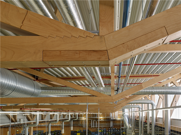 Das Dachtragwerk dieser Produktionshalle bilden rund 82 m lange und 3,80 m hohe Haupt-Fachwerkbinder in Längsrichtung. Buchenfurnierschichtholz ermöglicht es, die Feldweiten von 40 m bzw. 42 m mit filigranen Träger-Abmessungen zu überbrücken. © SWG