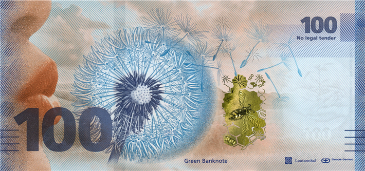 Die 'Green Banknote' steht für ökologische Materialien und Produktionsprozesse¬ bei Banknoten. Gepaart mit langer Haltbarkeit und modernsten Sicherheitsmerkmalen leistet sie einen entscheidenden Beitrag zu einem umweltfreundlicheren und effizienten Bargeldkreislauf. © G+D