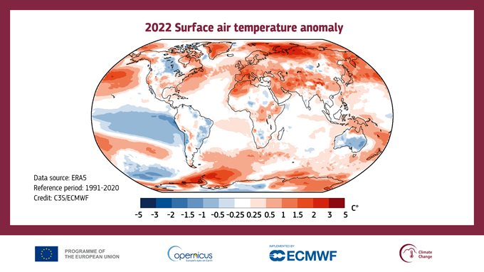 Lufttemperatur in zwei Metern Höhe für das Jahr 2022 im Vergleich zum Durchschnitt von 1991-2020. Quelle: ERA5. Quelle: Copernicus Climate Change Service/ECMWF