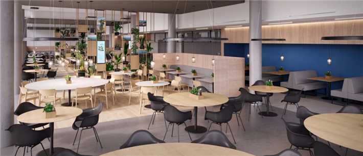 Als Herzstück und kommunikativer Mittelpunkt entsteht im Erdgeschoss das neue Betriebsrestaurant des Standortes. © Endress+Hauser Wetzer GmbH+Co.KG
