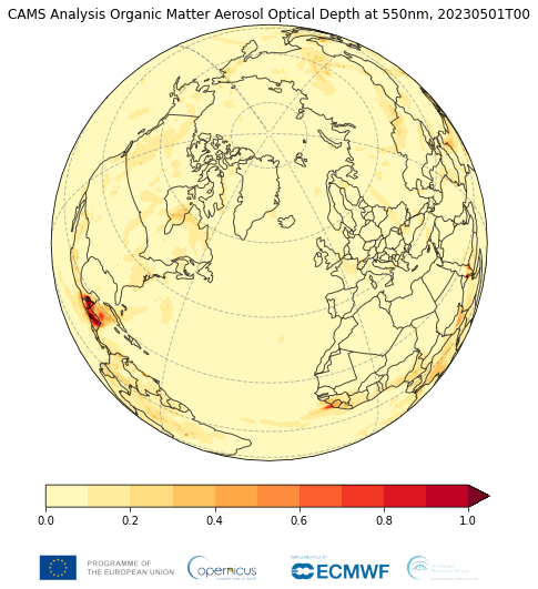 CAMS-Analyse der optischen Aerosol-Tiefe aus organischer Materie bei 550 nm für den Zeitraum vom 1. bis 31. Mai 2023