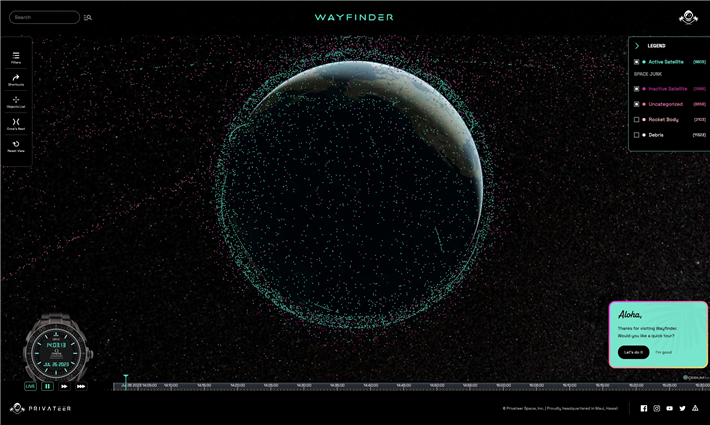 Jeder einzelne Punkt zeigt die Positionen in Echtzeit: Grün sind die aktiven Satelliten, violett die ausgedienten Satelliten; viel größer ist allerdings die Stückzahl von Weltraumschrott: zur Zeit 11.323 Objekte im Orbit. © Privateer