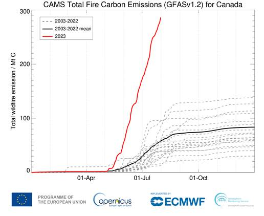 GFASV1.2 tägliche kumulierte geschätzte Kohlenstoffemissionen für Kanada seit dem 1. Januar (die rote Linie zeigt das Jahr 2023 bis zum 1. August, die dicke schwarze Linie den Mittelwert von 2003-2022 und die grauen gestrichelten Linien die anderen Jahre des Datensatzes). © Copernicus