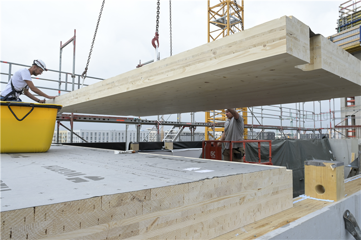 Mit einem am 1. April 2024 gestarteten Förderaufruf zur Holzbauinitiative will das BMEL den Einsatz von Laubholz im konstruktiven Holzbau voranbringen. Das Foto entstand 2022 bei der Anlieferung eines Holzsegments auf einer Baustelle in der Hamburger Hafencity. © FNR/ Jörg Böthling