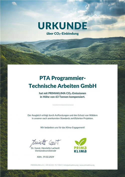 Das PRIMAKLIMA-Zertifikat der PTA IT-Beratung © PTA