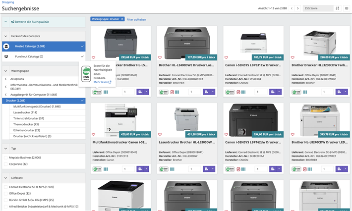Abbildung 2 zeigt die ESG-Score-Kennzeichnung in der Procurement-Plattform wescale, die von Konzernen wie Bosch, Mercedes und Siemens genutzt wird. © ESG Score 