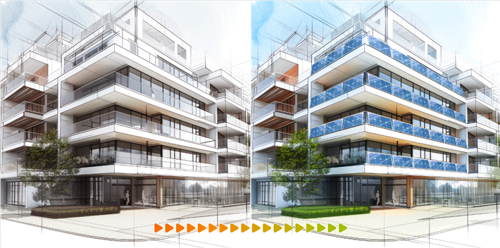 Die Visualisierung zeigt, wie ein mit Balkonkraftwerken ausgestattetes Mehrparteienhaus nach der Installation aussehen könnte. © Keivan Akbari/TH Köln