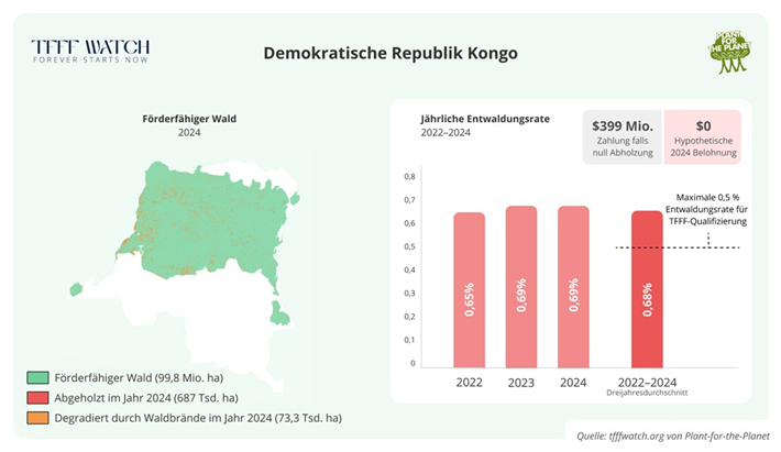 Die DR Kongo ist nach Brasilien und Indonesien das Land mit der drittgrößten förderfähigen Waldfläche weltweit. Es könnte 399 Millionen US-Dollar pro Jahr aus der TFFF erhalten, wenn es Abholzung und Degradation vollständig beendet. Quelle: tfffwatch.org von Plant-for-the-Planet
