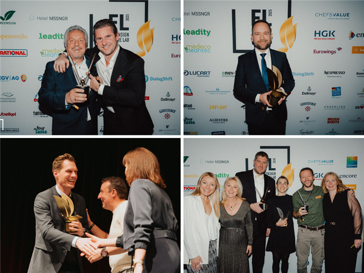Die 4 Preisträger der GREEN MONARCH Awards 2025: Fritz Pattis (Medeco Cleantec), Robin Krielke (Klüh Catering), Alessandro Casola (KOOS Hotel&Apartments) & Max C. Luscher (Coffee, Brownies & Downies) v.l.o. © GreenSign Service GmbH