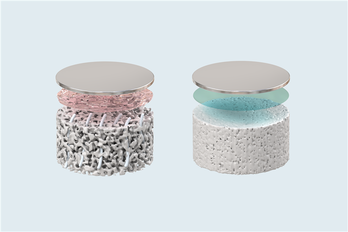 Links: Poröser Festelektrolyt, durch den Lithium-Dendriten (grau) bis zur Lithiumoberfläche (silbern) vordringen können; die Grenzfläche ist nur durch eine natürliche Grenzschicht (rosa) geschützt. Rechts: Am Paul Scherrer Institut PSI hergestellter, dicht gesinterter Festelektrolyt mit stabilisierender Lithiumfluorid-Beschichtung (blau), die das Eindringen von Dendriten verhindert und die Lithiumoberfläche schützt. &copy; Paul Scherrer Institut PSI / Jinsong Zhang