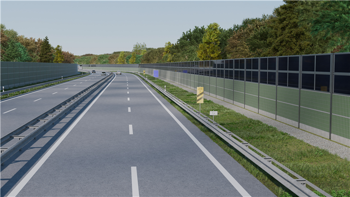 So könnten die mit Photovoltaik-Modulen ausgestatteten Lärmschutzwände entlang der Nordtangente in Oldenburg aussehen. &copy; Visualisierung: Treiber Umweltconsulting