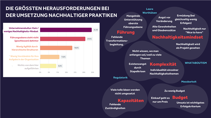 Antoworten in einer Umfrage unter Nachhaltigkeitsmanager:innen auf die Frage, welche die größten Herausforderungen bei der Umsetzung nachhaltiger Praktiken in Unternehmen seien. © Institut für praktische Emergenz GmbH